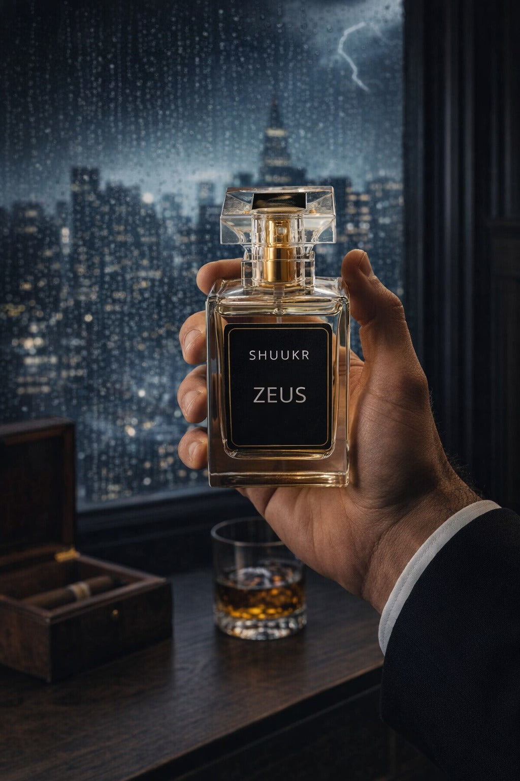A hand holds a Shuuukr Zeus perfume bottle with a black label and gold cap, set against a dark window view of a city skyline at night with rain.