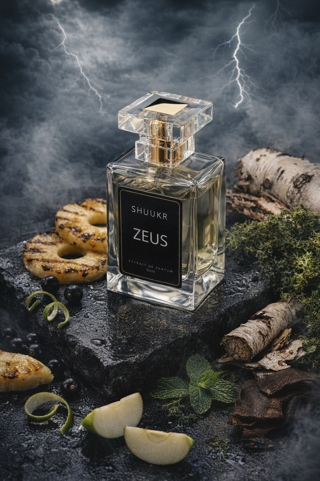 Shuukr Zeus Eau de Parfum bottle displayed on a dark stone surface with natural elements like birch bark, mint, pineapple, and lightning in the background.