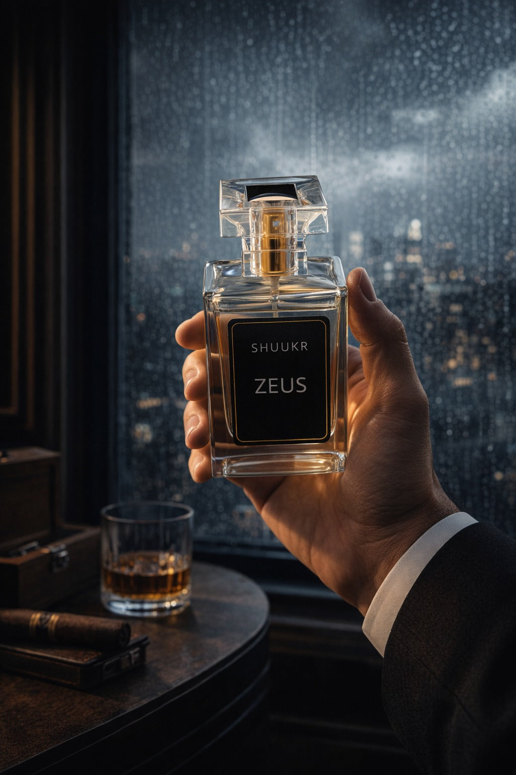 A hand holds a bottle of SHUUKR ZEUS perfume in front of a rainy window with a city skyline outside. A glass of whiskey and a cigar sit on a table in the dimly lit room.